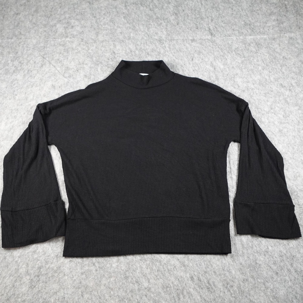 LNA Top Women Medium Black Ribbed Mock Neck Bell Sleeve Knit Blouse